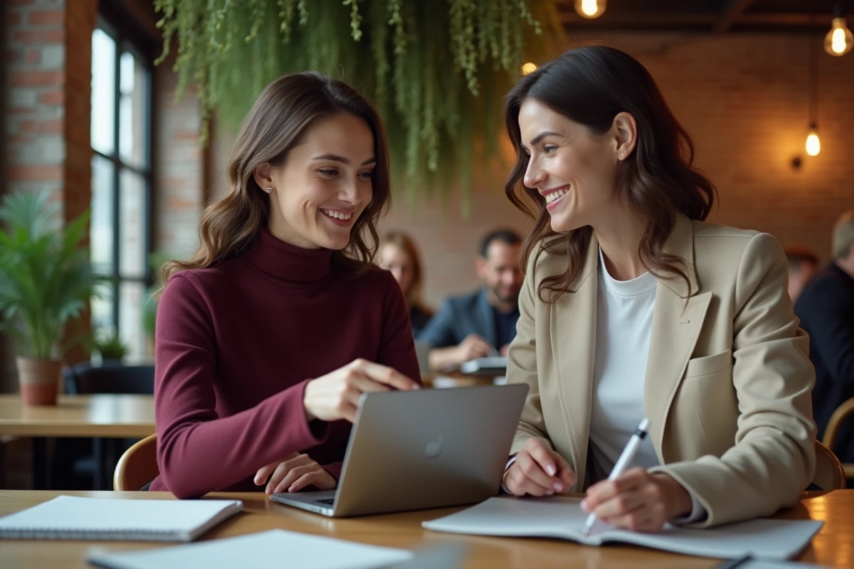 Deux femmes managers collaborant autour d'une tablette dans un espace de coworking moderne