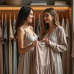Deux femmes souriantes dans une boutique de vêtements comparant des robes