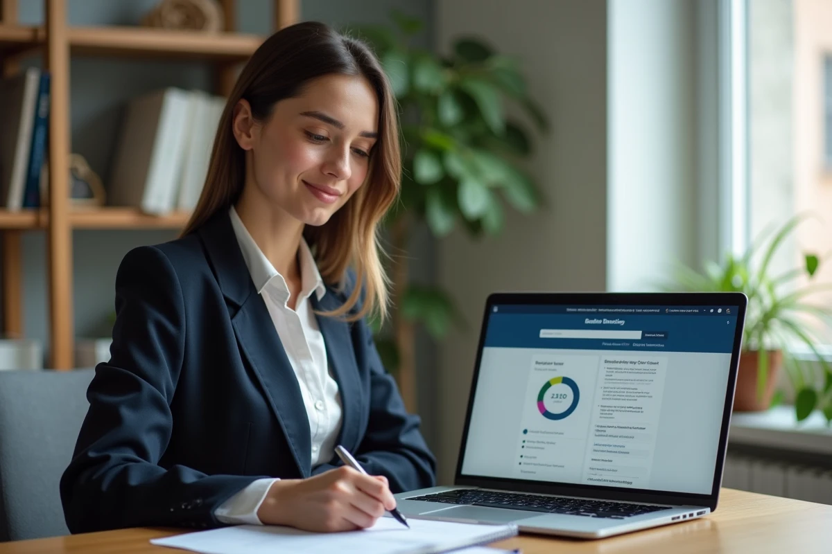 Une femme gère la clôture de son compte-titres en ligne depuis son bureau à domicile
