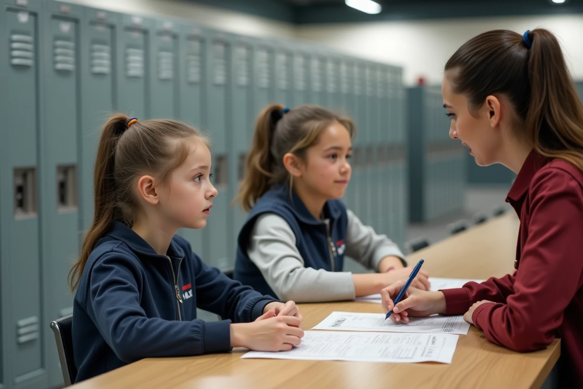 Jeune fille remplissant un formulaire à la reception avec sa mère