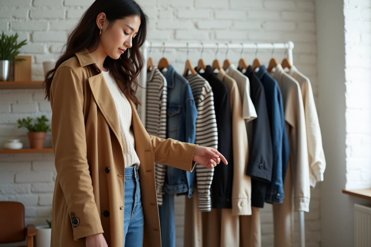 Jeune femme parcourant une garde-robe capsule minimaliste sur un portant vêtements avec des pièces essentielles en tons neutres