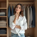 Femme tenant une chemise blanche devant une armoire bien organisée avec des vêtements essentiels en tons neutres