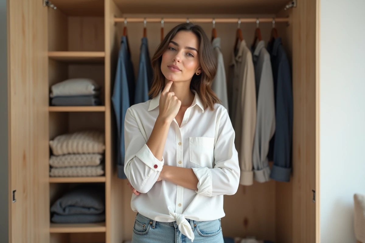Femme tenant une chemise blanche devant une armoire bien organisée avec des vêtements essentiels en tons neutres