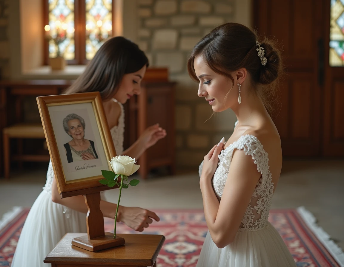 Une mariée en robe de dentelle s'agenouillant près d'une photo encadrée d'un proche disparu, en hommage émouvant