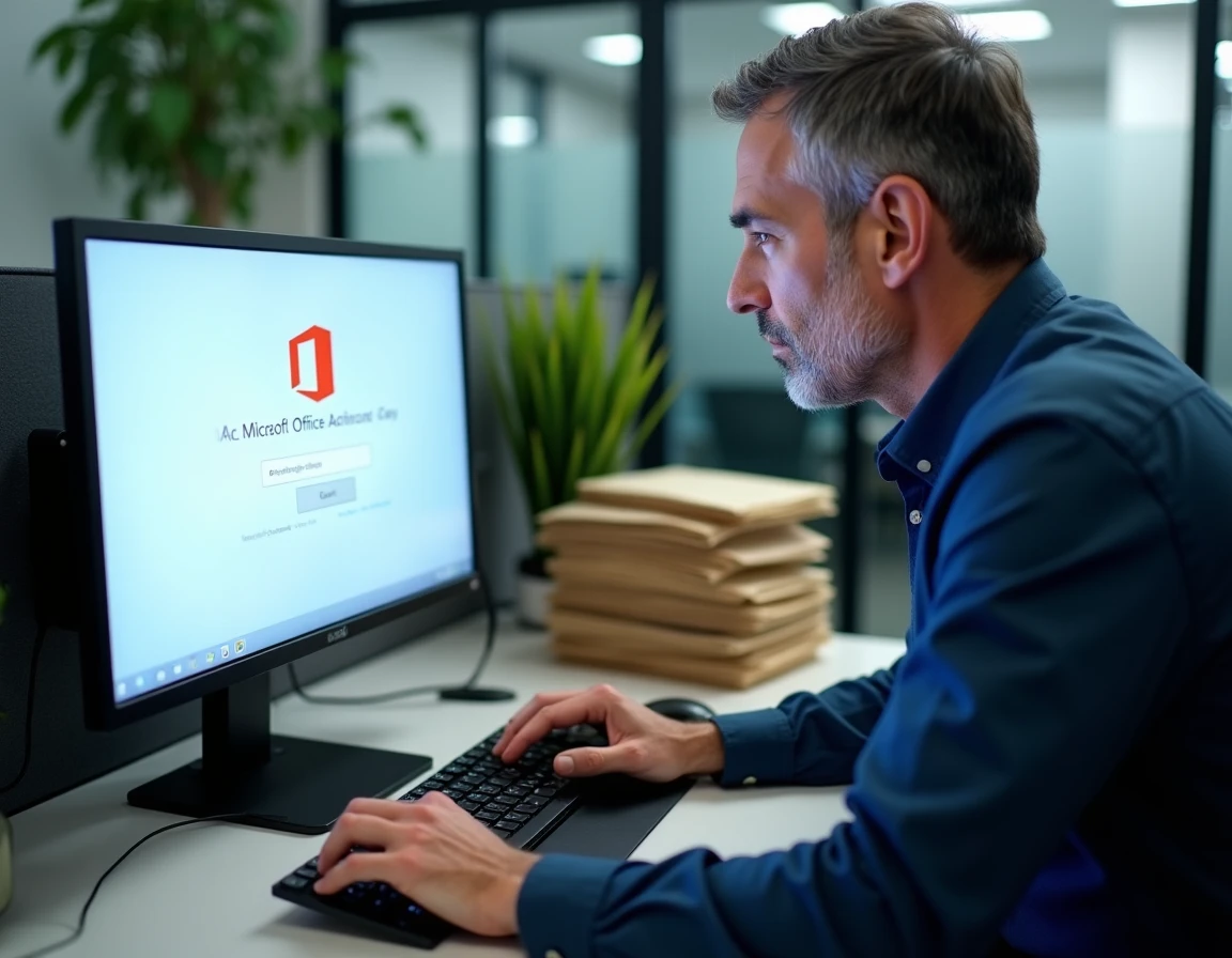 Homme saisissant une clé de produit Microsoft Office sur un ordinateur de bureau en entreprise