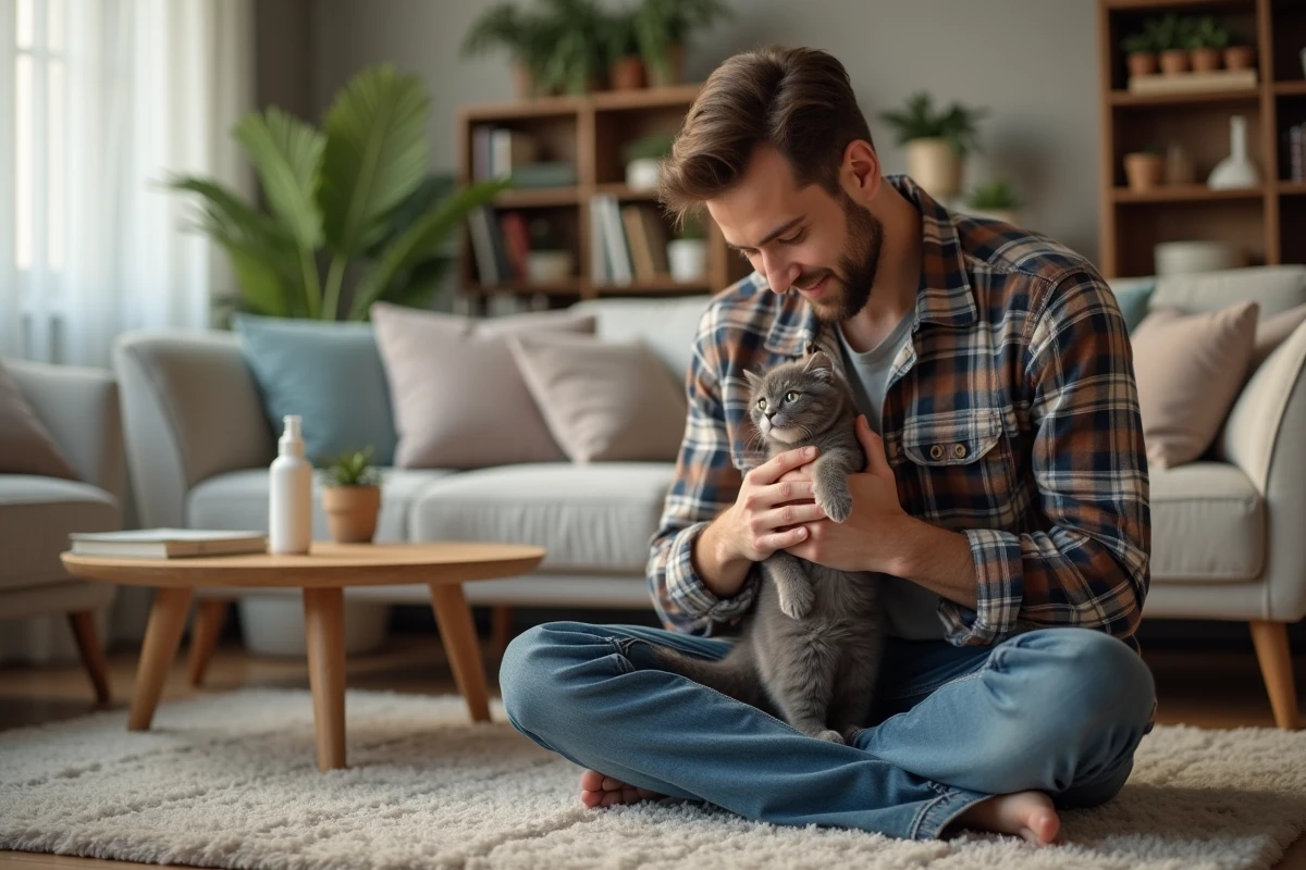 Jeune homme avec un chat dans le salon chaleureux