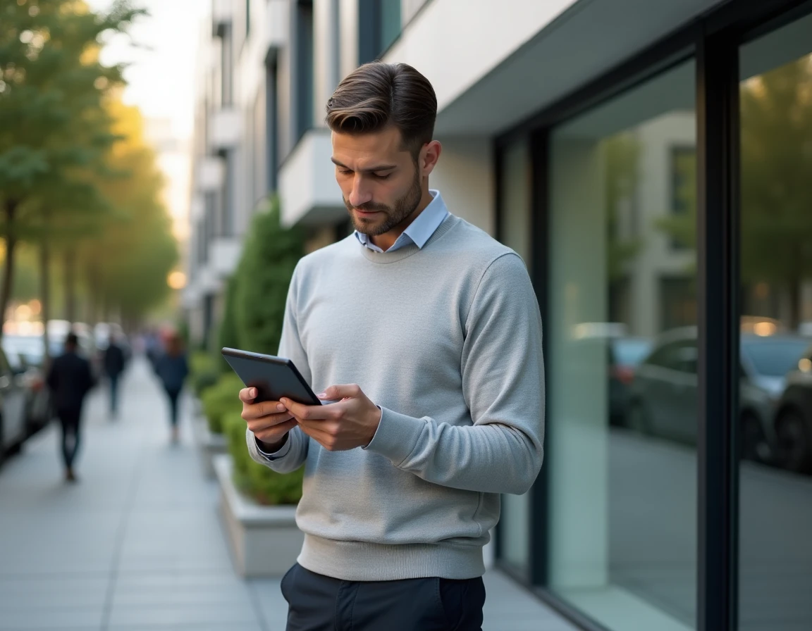 Homme consultant des données immobilières sur tablette devant un immeuble résidentiel moderne