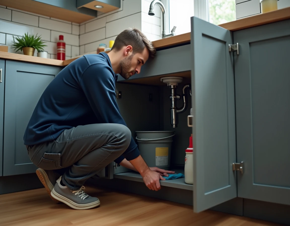 Homme effectuant une réparation de plomberie sous l'évier d'une cuisine moderne