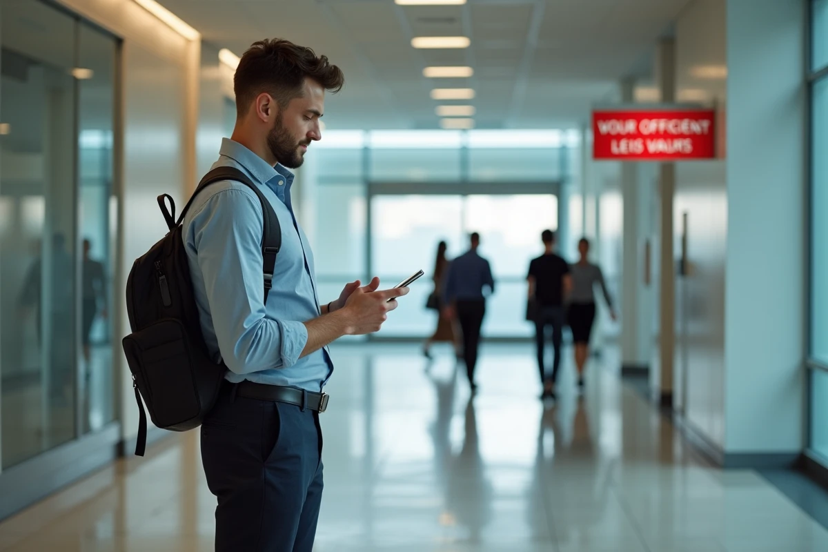 Jeune homme dans un bureau officiel utilisant son smartphone