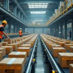 Intérieur du hub logistique de tri de colis avec tapis roulants et travailleurs en gilet de sécurité
