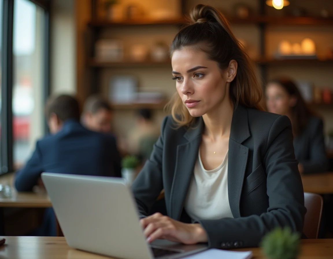 Femme professionnelle rédigeant un avis en ligne sur son ordinateur portable dans un café
