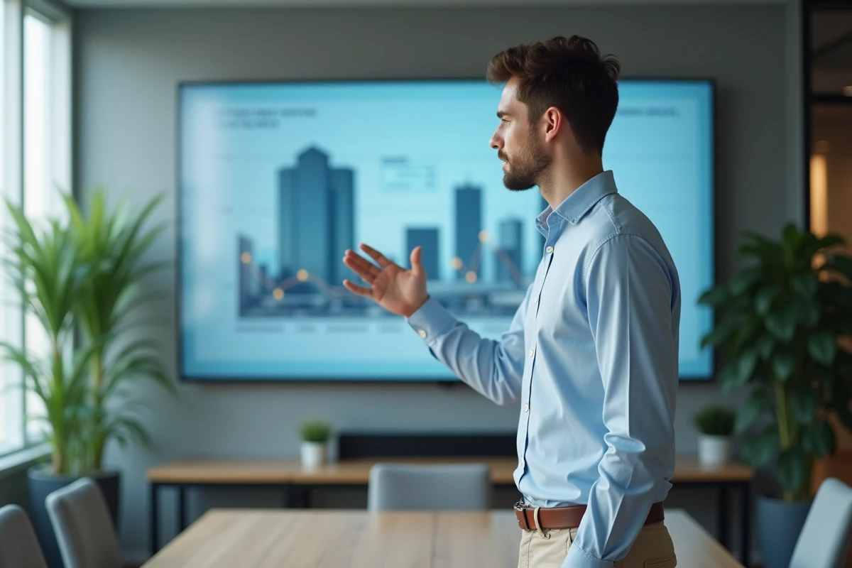 Jeune homme en réunion avec écran interactif immobilier