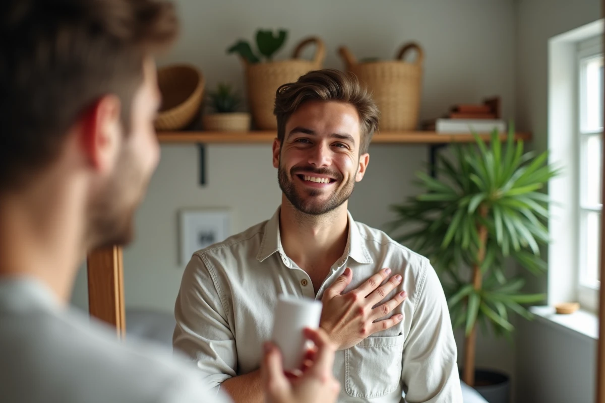 Jeune homme appliquant une creme visage dans sa chambre