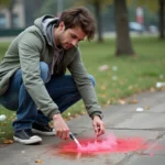 Jeune homme examine des traces de fumebombes sur le sol urbain