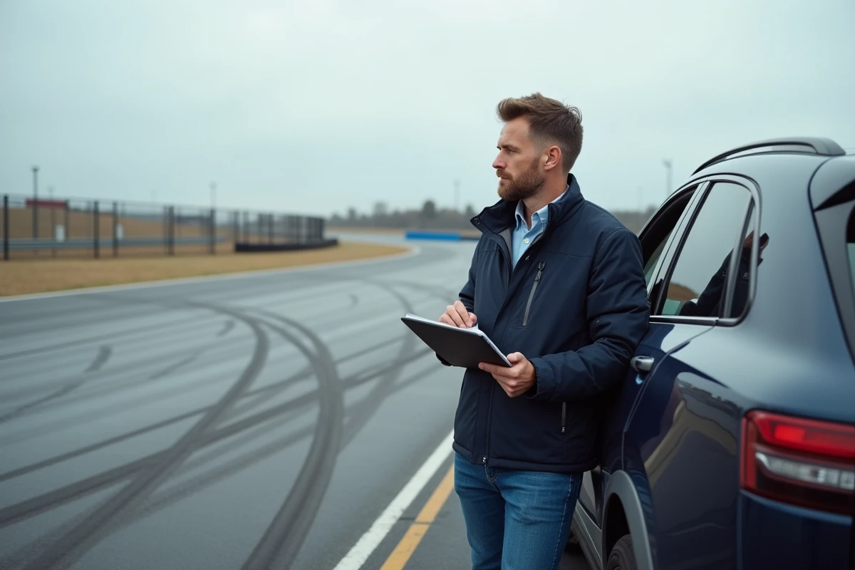 Journaliste automobile analysant un SUV neuf sur un circuit d'essai extérieur