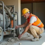 Ouvrier inspectant une pompe à chape professionnelle sur un chantier de rénovation à Nîmes