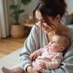 Jeune maman souriante avec son bébé dans un salon chaleureux