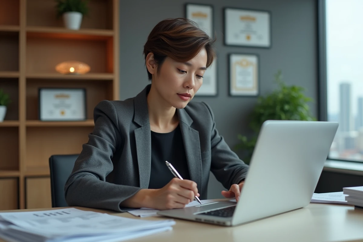 Manageuse concentrée travaillant sur des documents dans un bureau exécutif contemporain
