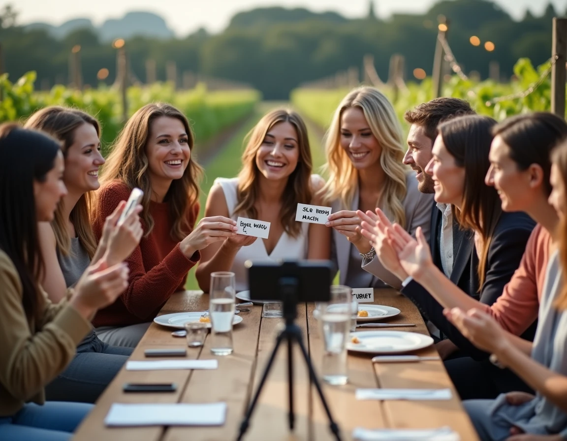 Un groupe d'invités de mariage enregistrant des messages vidéo sur smartphone autour d'une table en bois dans un vignoble