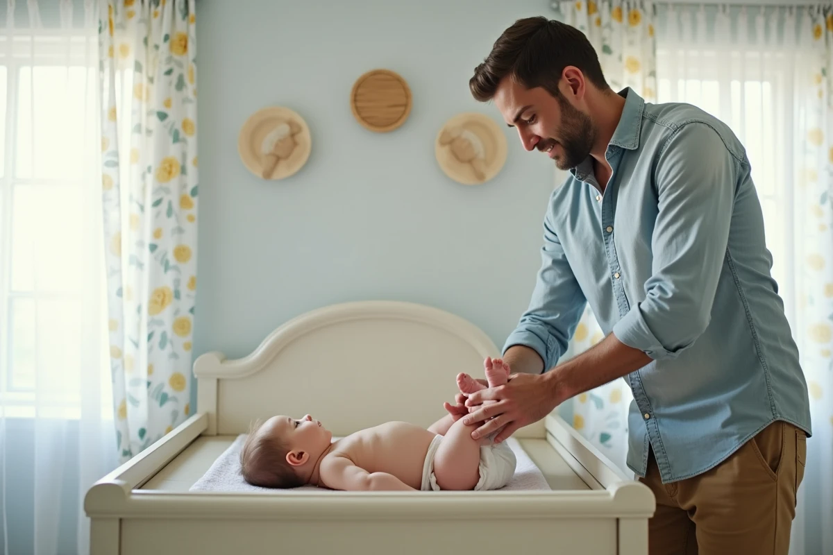 Père changeant la couche de sa fille dans une nurserie lumineuse
