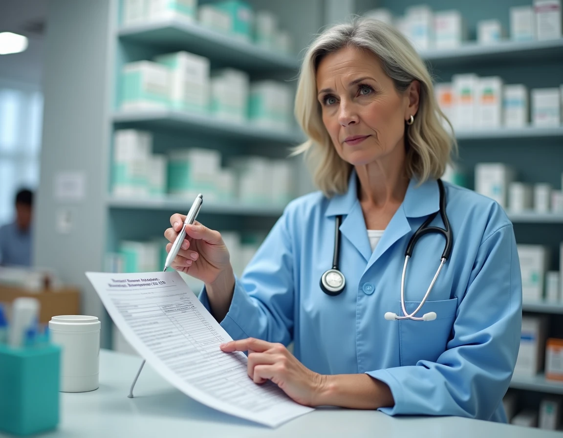 Pharmacienne expliquant les interactions dangereuses entre l'alcool et les bêta-bloquants à une patiente dans une pharmacie moderne