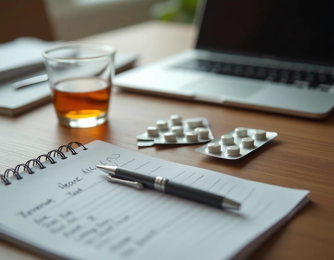 Vue de dessus d'une plaquette de bêta-bloquants posée à côté d'un verre d'alcool et d'une ordonnance médicale, symbolisant les risques d'interactions médicamenteuses