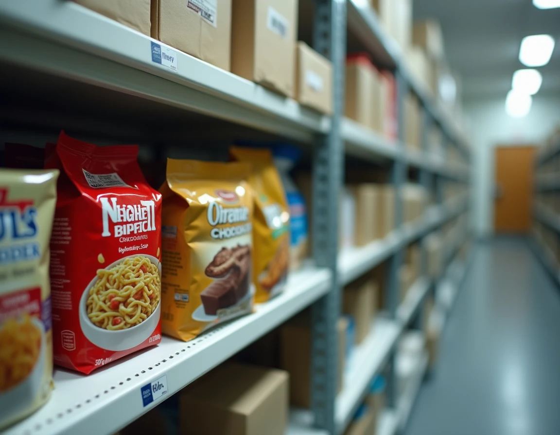 Produits alimentaires et d'hygiène disponibles à la cantine d'une prison alignés sur des étagères institutionnelles
