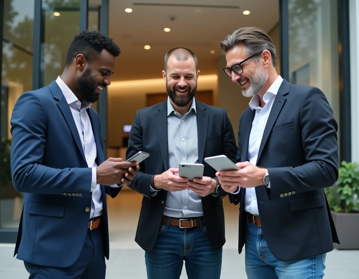 Groupe de professionnels consultant des avis d'internautes sur des appareils mobiles devant un siège social