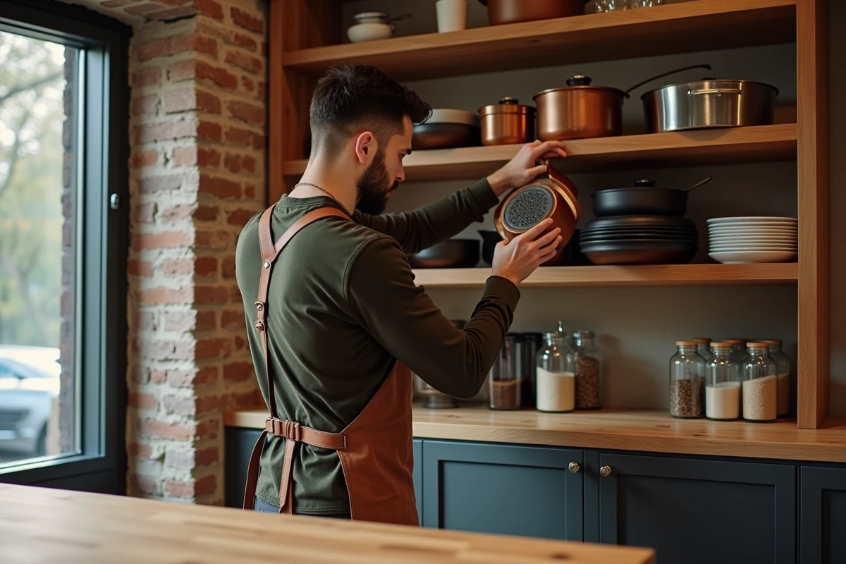Homme rangeant sa batterie de cuisine en cuivre et fonte sur des étagères ouvertes dans une cuisine rustique moderne