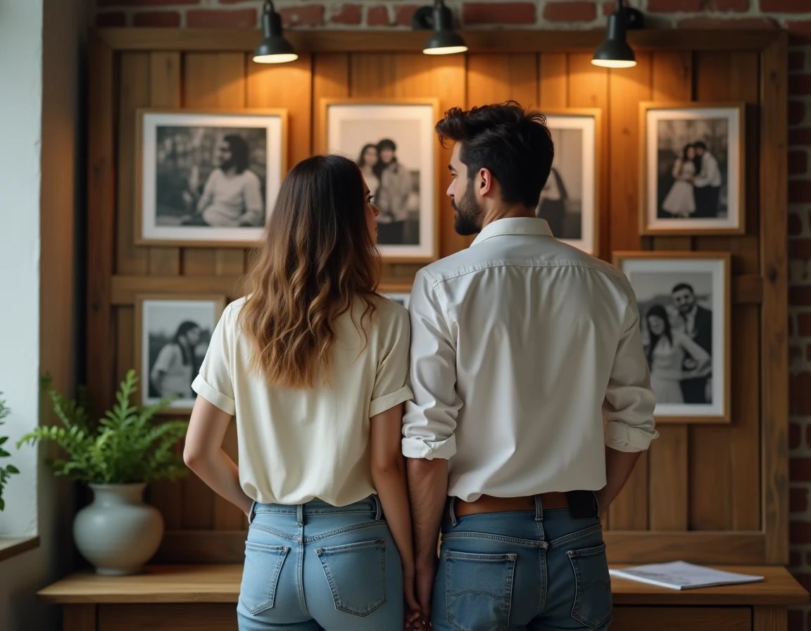 Un couple contemplant un mur de photos retraçant leur histoire d'amour du premier regard jusqu'à aujourd'hui