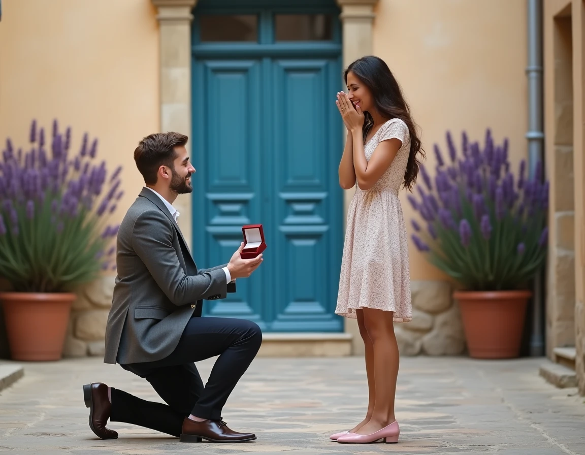 Un couple reconstituant la scène de la demande en mariage dans la même ruelle pavée avec l'écrin de bague ouvert