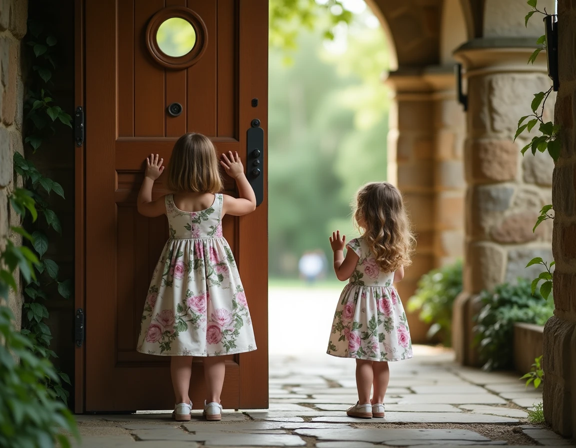 Deux jeunes filles en robes fleuries regardant par le hublot d'une porte de chapelle lors de la cérémonie de mariage
