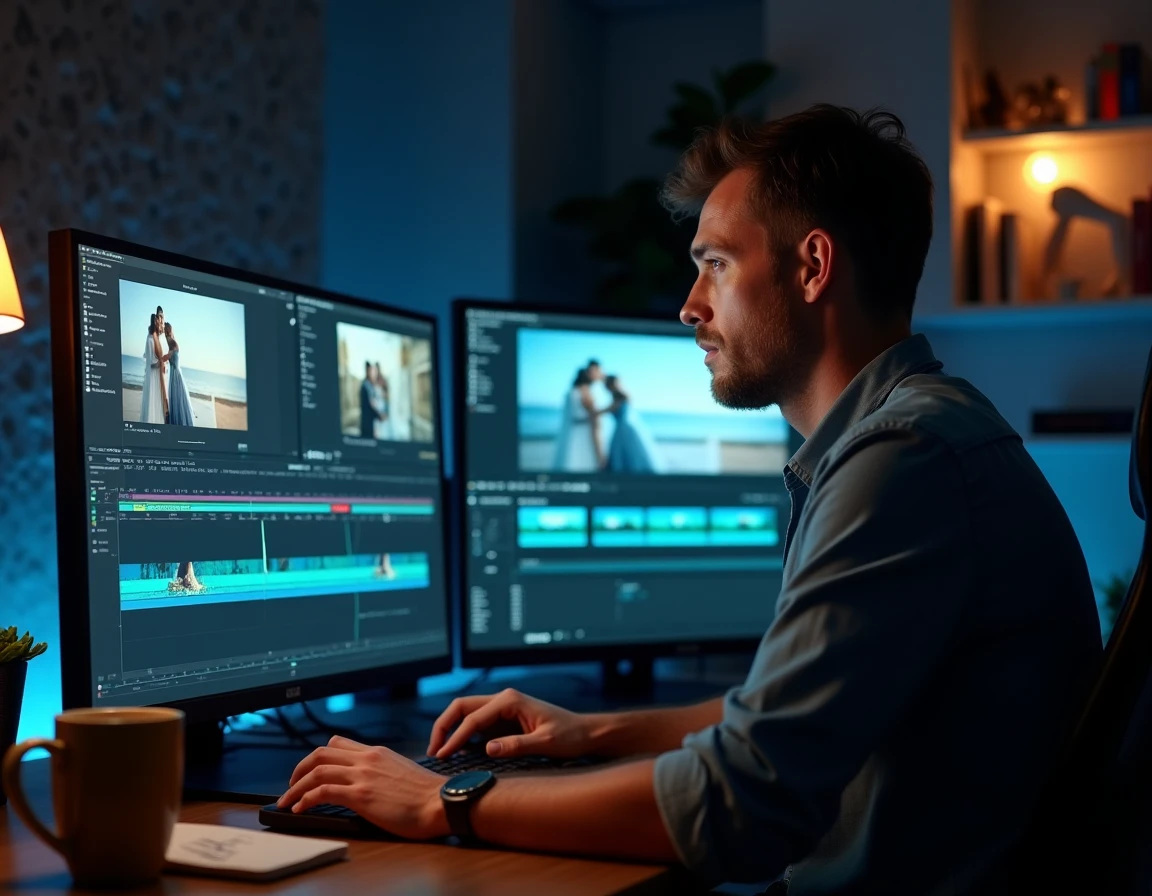 Un monteur vidéo travaillant sur une chronologie inversée de film de mariage sur deux écrans dans son studio de montage