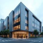 Siège social moderne d'une entreprise avec façade en verre et béton dans un environnement urbain en 2026