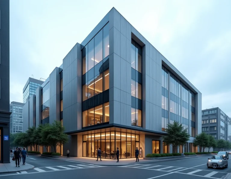 Siège social moderne d'une entreprise avec façade en verre et béton dans un environnement urbain en 2026