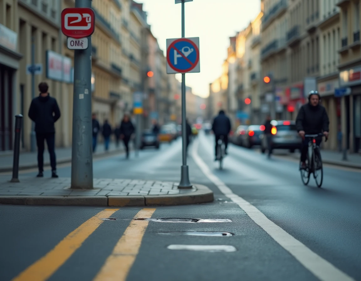 Signalisation au sol avec lignes jaunes continues et discontinues à une intersection urbaine française indiquant les zones de stationnement interdit