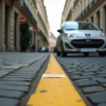 Voiture garée sur une ligne jaune en ville avec un PV sous l'essuie-glace sur une rue parisienne pavée