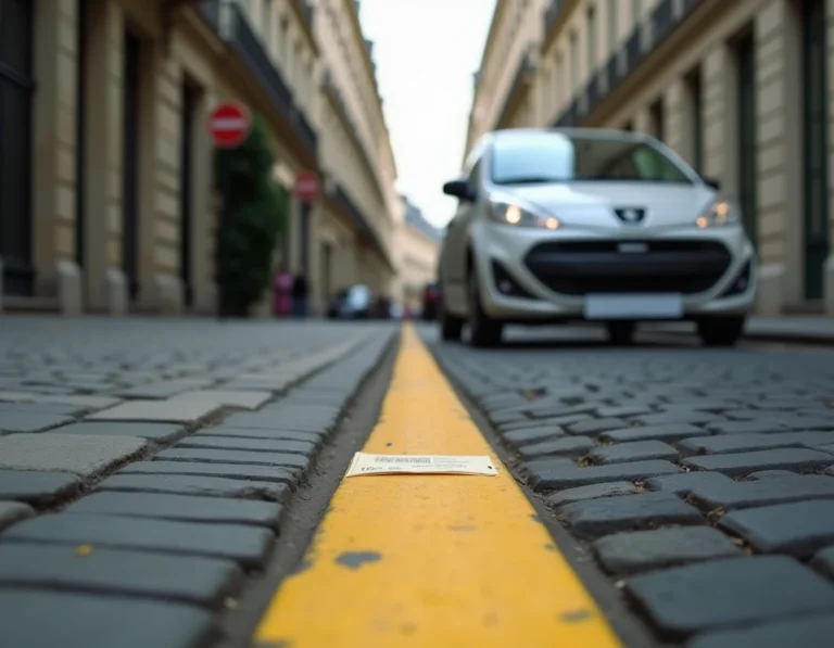 Voiture garée sur une ligne jaune en ville avec un PV sous l'essuie-glace sur une rue parisienne pavée