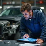 Technicien automobile consultant le logiciel HaynesPro WorkshopData 2026 sur une tablette dans un atelier professionnel