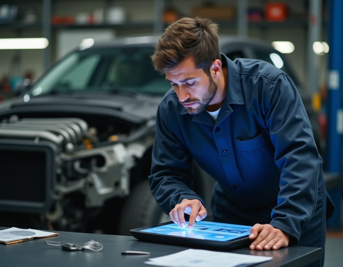 Technicien automobile consultant le logiciel HaynesPro WorkshopData 2026 sur une tablette dans un atelier professionnel