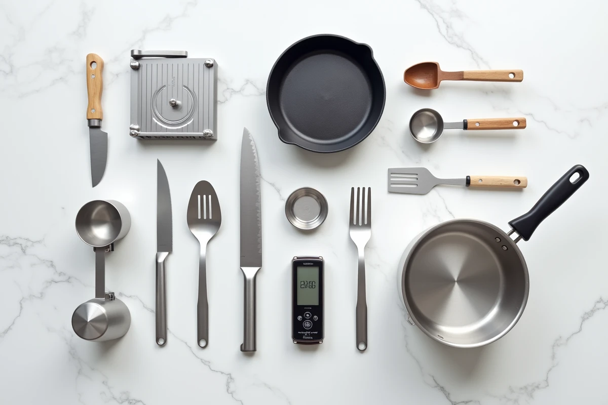 Vue aérienne des ustensiles et équipements indispensables pour une cuisine de chef à la maison sur marbre blanc