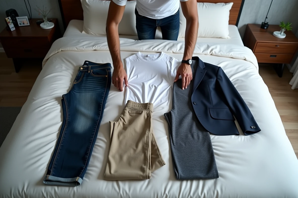 Sélection de vêtements indispensables pour homme disposés à plat sur un lit, incluant jean, blazer et t-shirt blanc