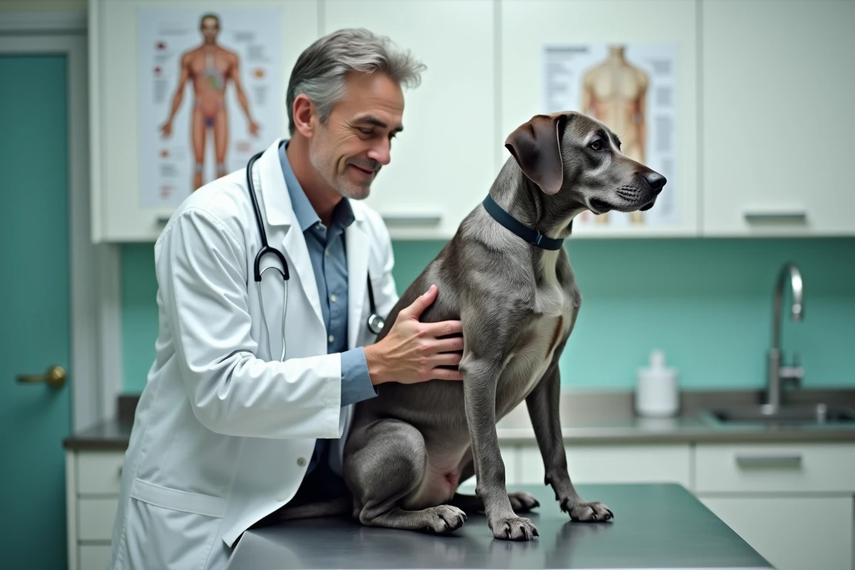 Vétérinaire examinant un vieux labrador dans une clinique vétérinaire, dans le contexte d'un bilan de santé pour chien senior