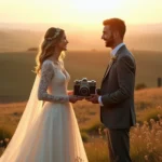 Mariés tenant une caméra vintage en pleine nature, évoquant l'idée d'une vidéo de mariage cinématographique et narrative