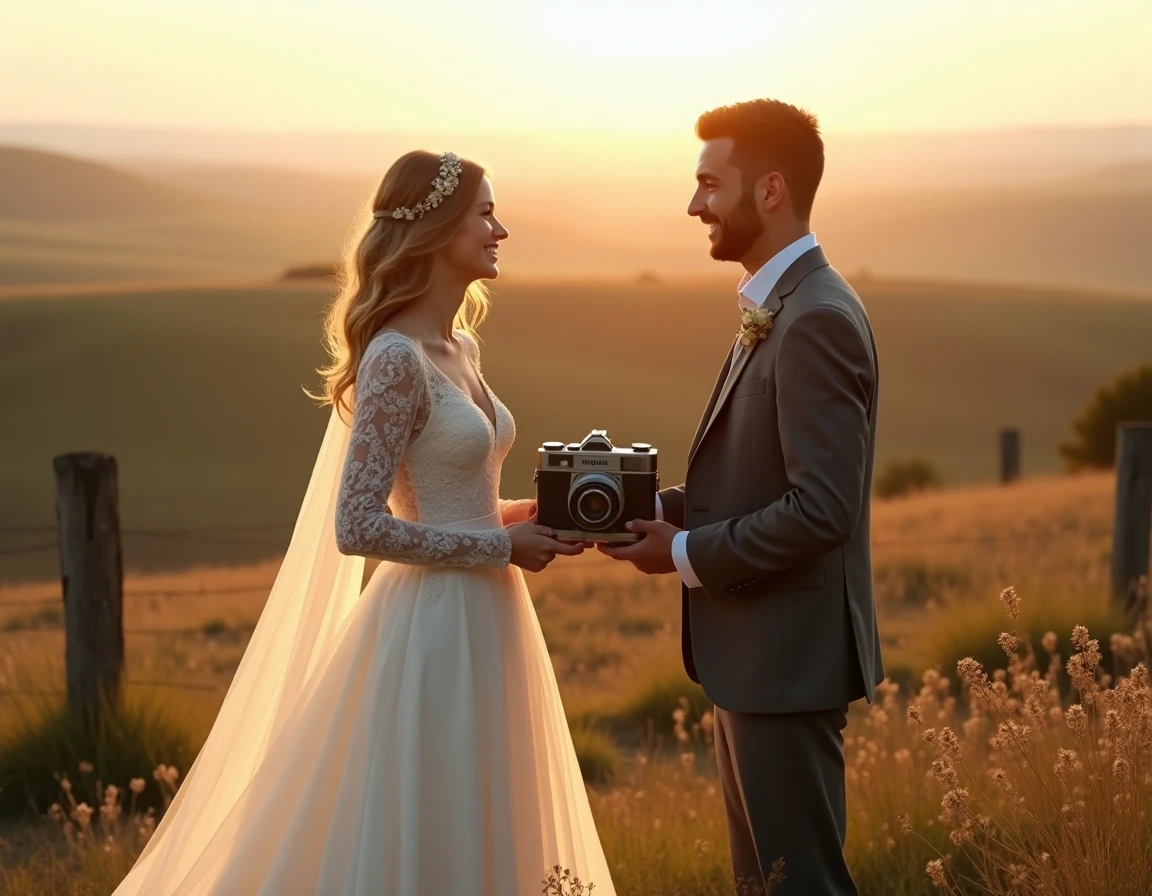 Mariés tenant une caméra vintage en pleine nature, évoquant l'idée d'une vidéo de mariage cinématographique et narrative
