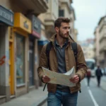 Jeune voyageur dans une rue de Bucarest avec façades anciennes