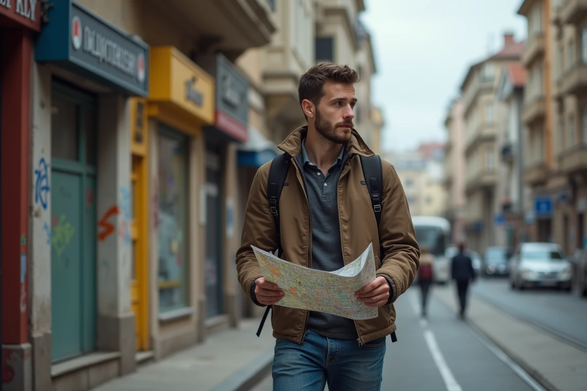 Jeune voyageur dans une rue de Bucarest avec façades anciennes