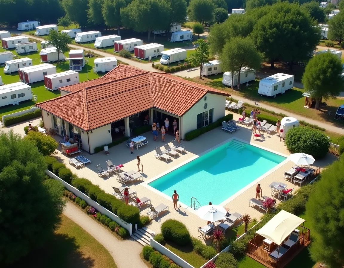 Vue aérienne d'un grand camping resort en France avec piscine et emplacements variés
